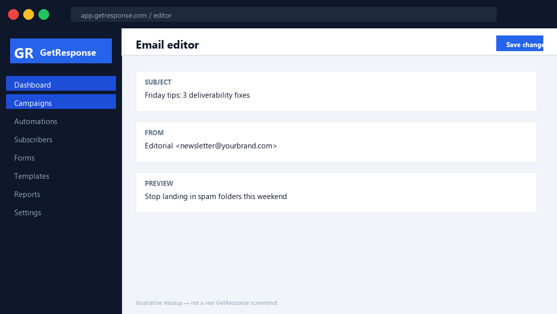 Illustrative mockup of GetResponse's email editor