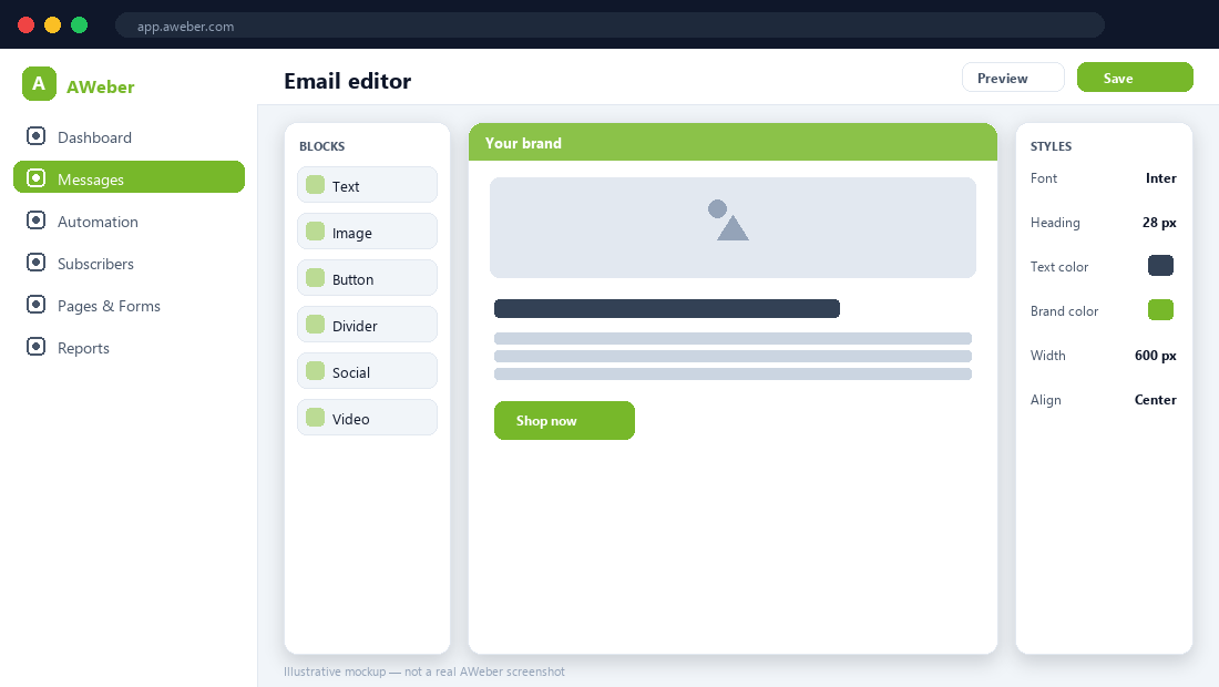AWeber email editor — illustrative mockup.