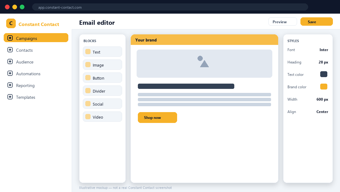 Constant Contact email editor — illustrative mockup.