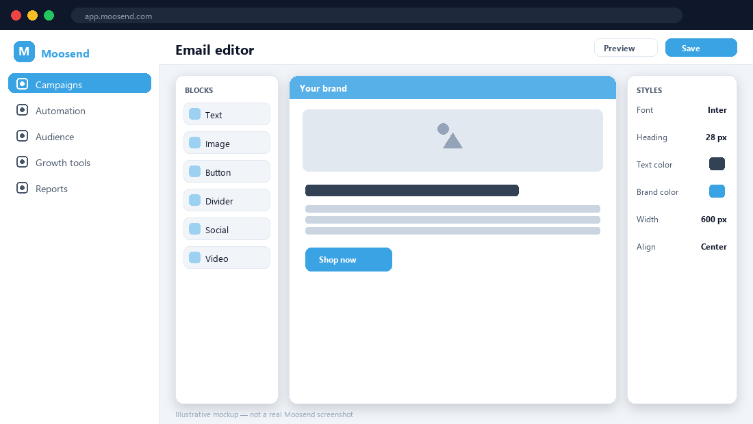 Moosend email editor — illustrative mockup.