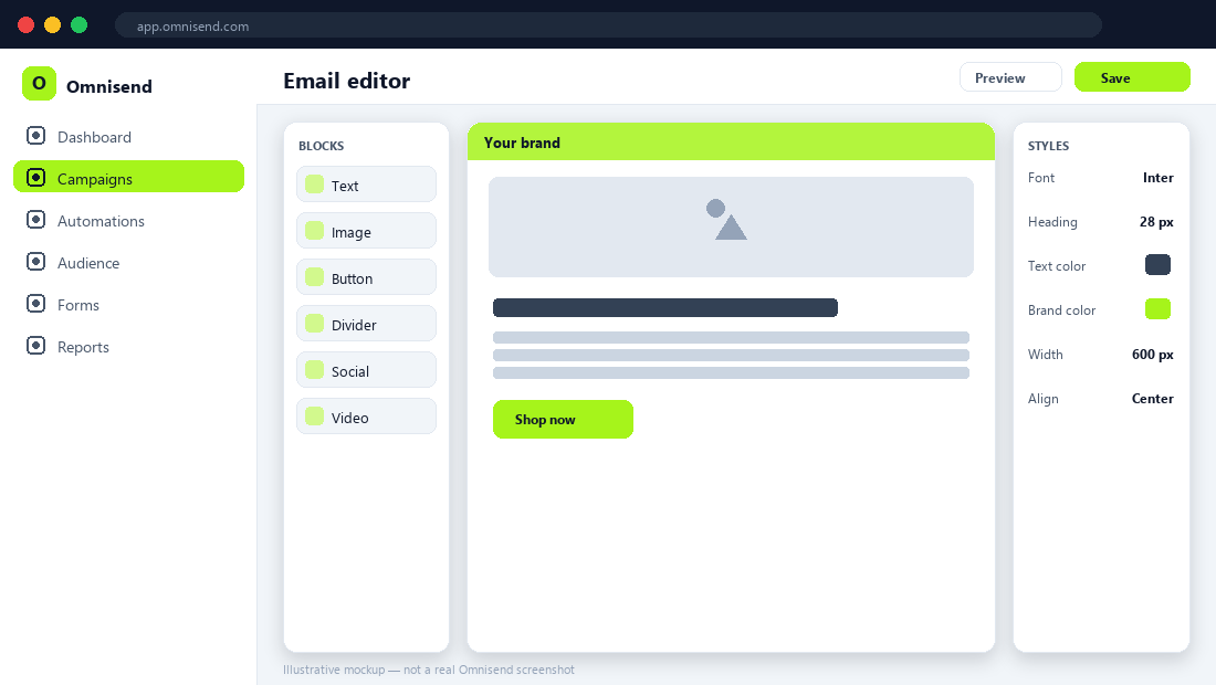 Omnisend email editor — illustrative mockup.